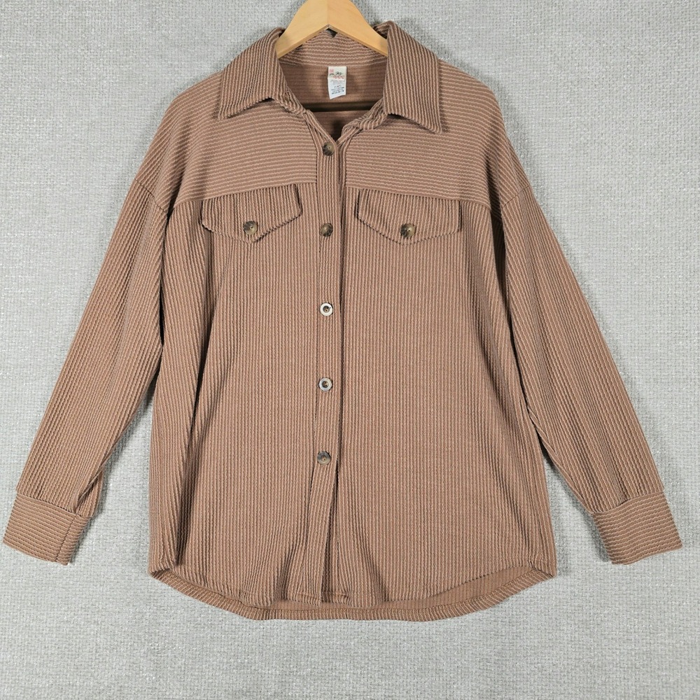 7th Ray Womens Ribbed Textured Button Down Shacket Shirt Tan Brown Medium T-4806